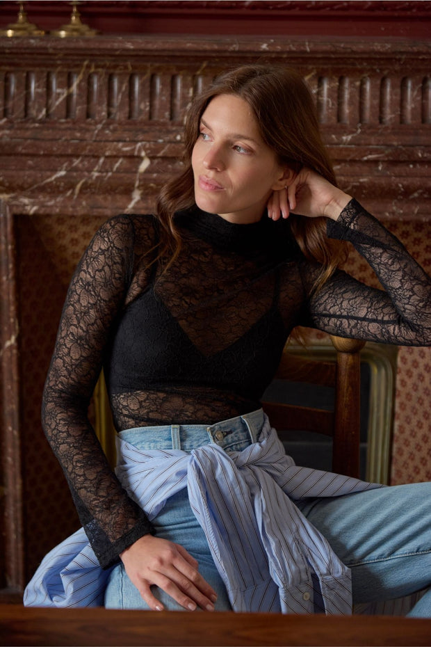 Marie Mock Neck Long Sleeve Top | Black